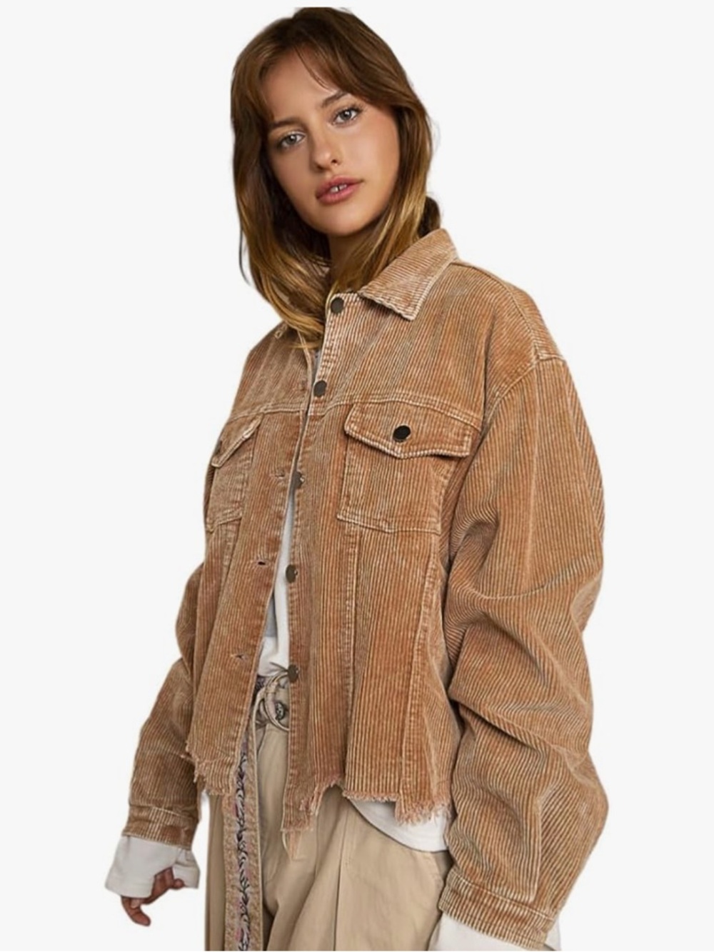 POL Clothing Love You a Latte Jacket - Cozy Corduroy Trucker Style in Teddy Bear - Picture 3 of 7